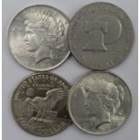 USA Dollars (4): 1922 AU, 1923 UNC, 1972S proof EF, and 1976 GVF