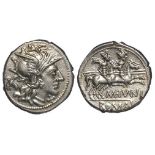 Roman Republican silver denarius of M.Junius Silanus, Rome Mint 145 B.C., Helmeted head of Roma