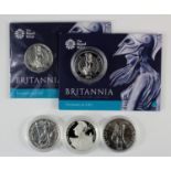GB Silver issues (5) Fifty Pounds 2015 x 2 along with Britannias 1999, 2011 & 2015 Proof. Unc/BU/FDC