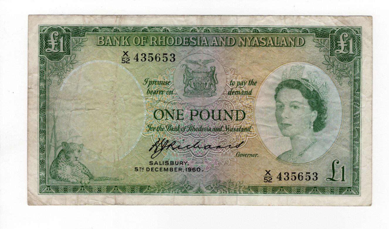Rhodesia & Nyasaland 1 Pound dated 5th December 1960, serial X/52 435653, signed B.C.J. Richards, (