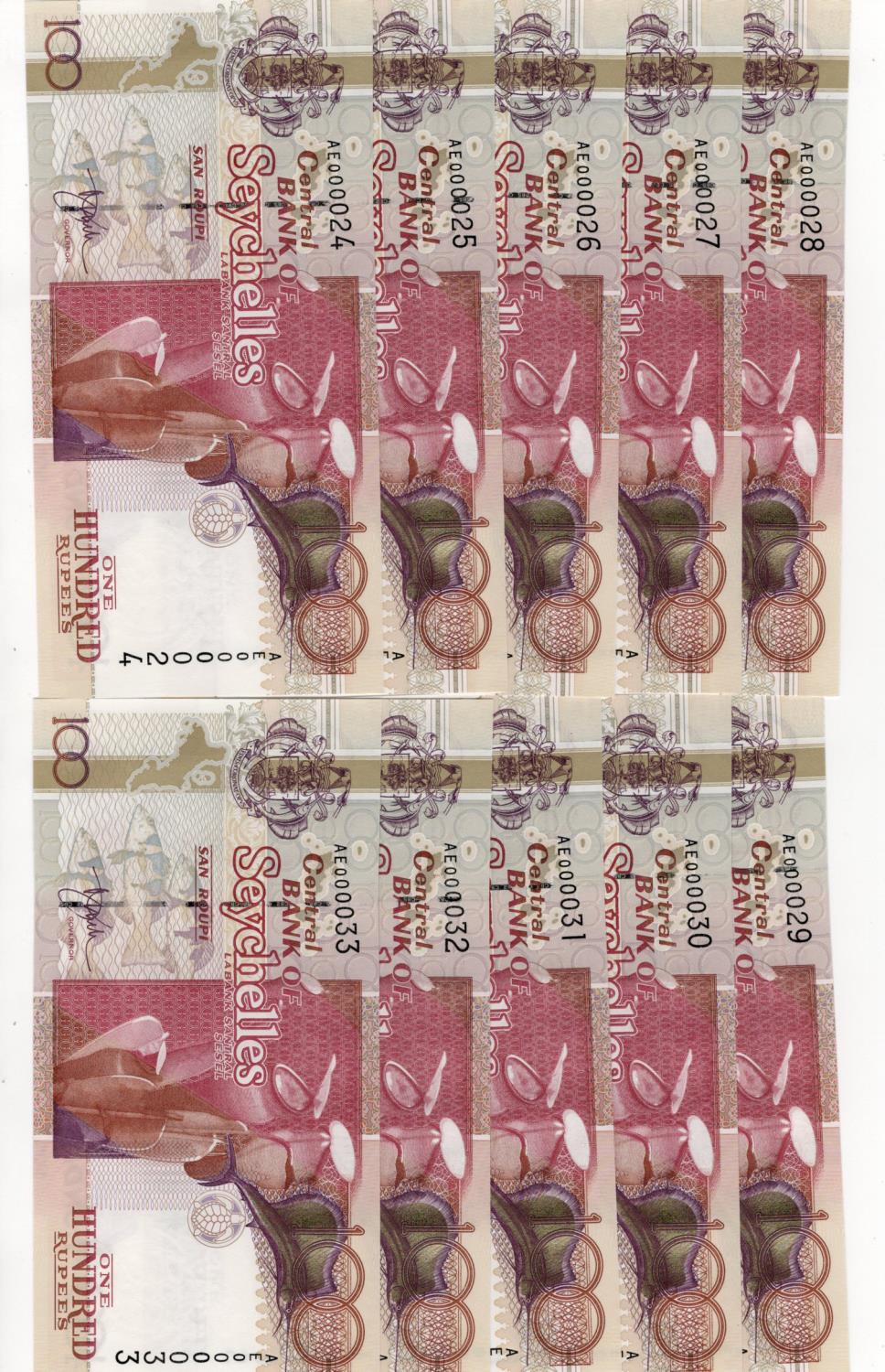 Seychelles 100 Rupees (10) issued 2001, a LOW No. consecutive run, serial AE 000024 - AE 000033, (