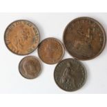 British copper coins, 2x George III, 1x William IV, 1x Queen Victoria and 1x Edward VII - various