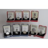 GB Silver Proof One Pounds (4) and Piedforts (5) Royal Mint, 1980s to 2000s, cased with certs