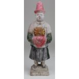 Ancient Chinese Ming ca.1368 - 1644 AD glazed terracotta attendant holding box, 250mm