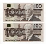 Canada 100 Dollars dated 1988, a consecutively numbered pair, serial AJY 9916977 & AJY 9916978,