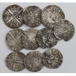 Edward I silver pennies, Bristol, Canterbury x 2, Durham and London x 6, one holed, one cracked