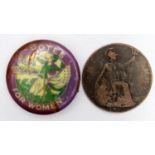 Suffragette interest a lapel badge Votes for Women WPU rusty on reverse and an Old 1d piece George V