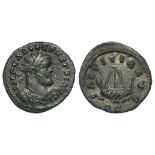 Allectus half-antoninianus, struck at Colchester 294-296 A.D., the reverse reads LAETITIA AVG in