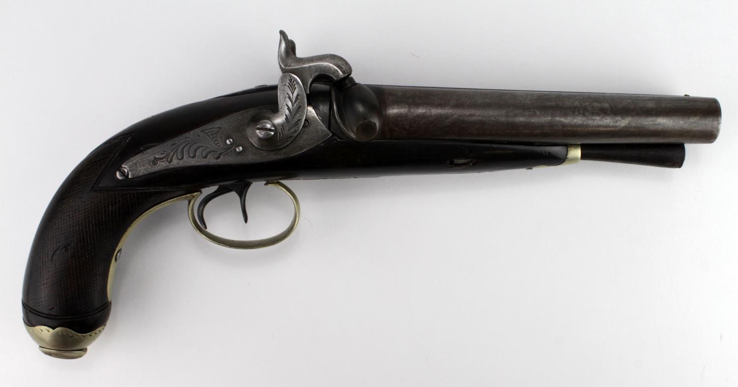 19th century continental Belgium made double barrel coaching pistol.