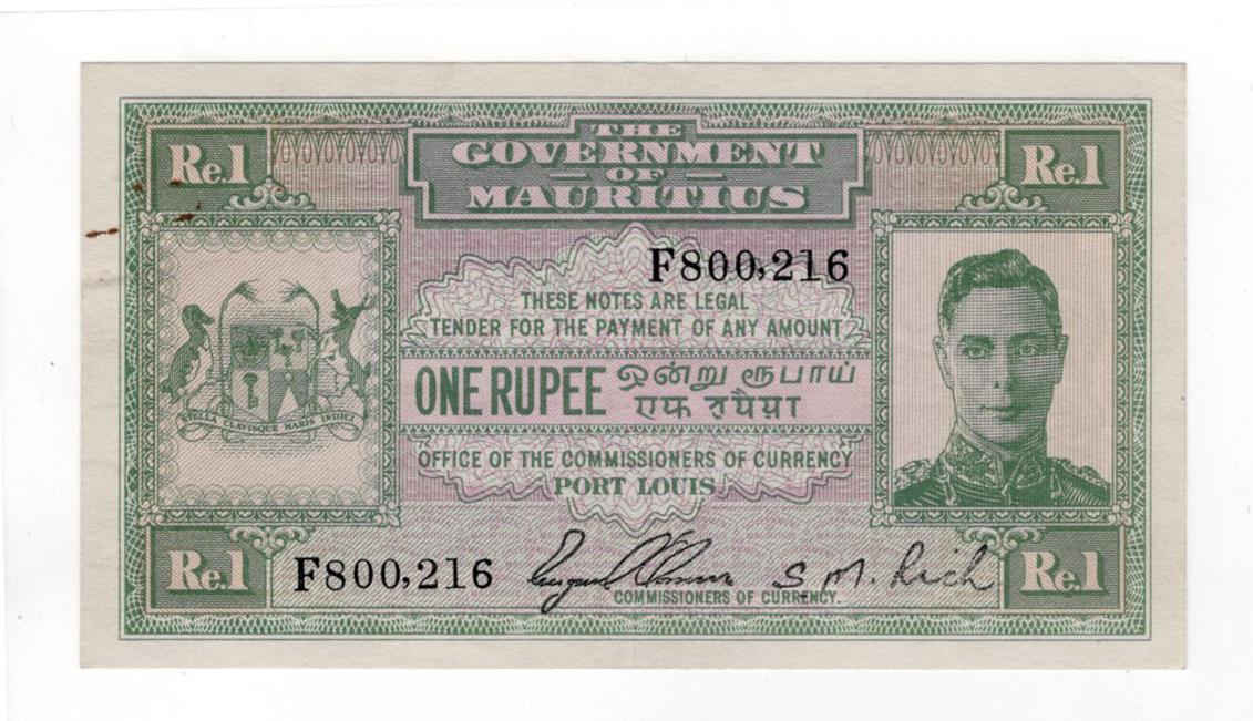 Mauritius 1 Rupee issued 1940, portrait King George VI at right, signed O'Connor & Rich, serial