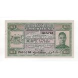 Mauritius 1 Rupee issued 1940, portrait King George VI at right, signed O'Connor & Rich, serial