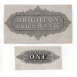 Brighton Union Bank uniface reverse PROOF showing bank name within an ornate design, along with a