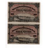 German East Africa 10 Rupien (2) dated 15th June 1905, serial no. 12472 & 13207, (Pick2), one with