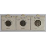GB Early Milled Silver (3) George II : Shilling 1758 VF, Sixpence 1757 VF, and Sixpence 1758 aVF