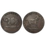 Token, 18thC : Pidcock's Exhibition, London Halfpenny, rhino, two-headed cow, plain edge, VF-GVF