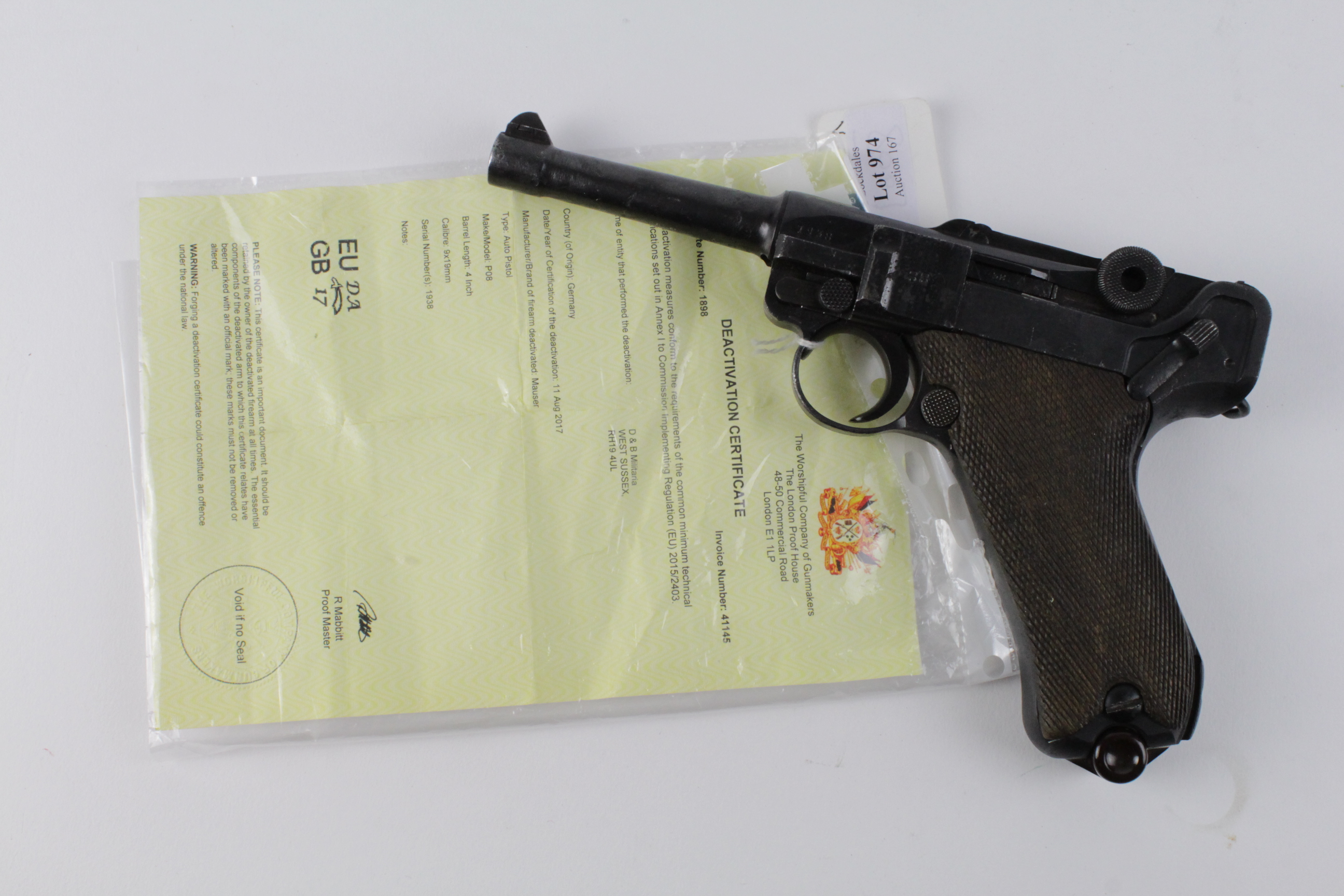 Pistol: A WW2 3rd Reich P'08 Luger Automatic pistol with E.U. D/Act Certificate. Barrel 4". Breech