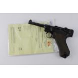 Pistol: A WW2 3rd Reich P'08 Luger Automatic pistol with E.U. D/Act Certificate. Barrel 4". Breech