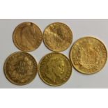 France (5) Gold Coins of Napoleon III : 20 Francs 1865BB GVF, 10 Francs 1855A F-GF, 10 Francs