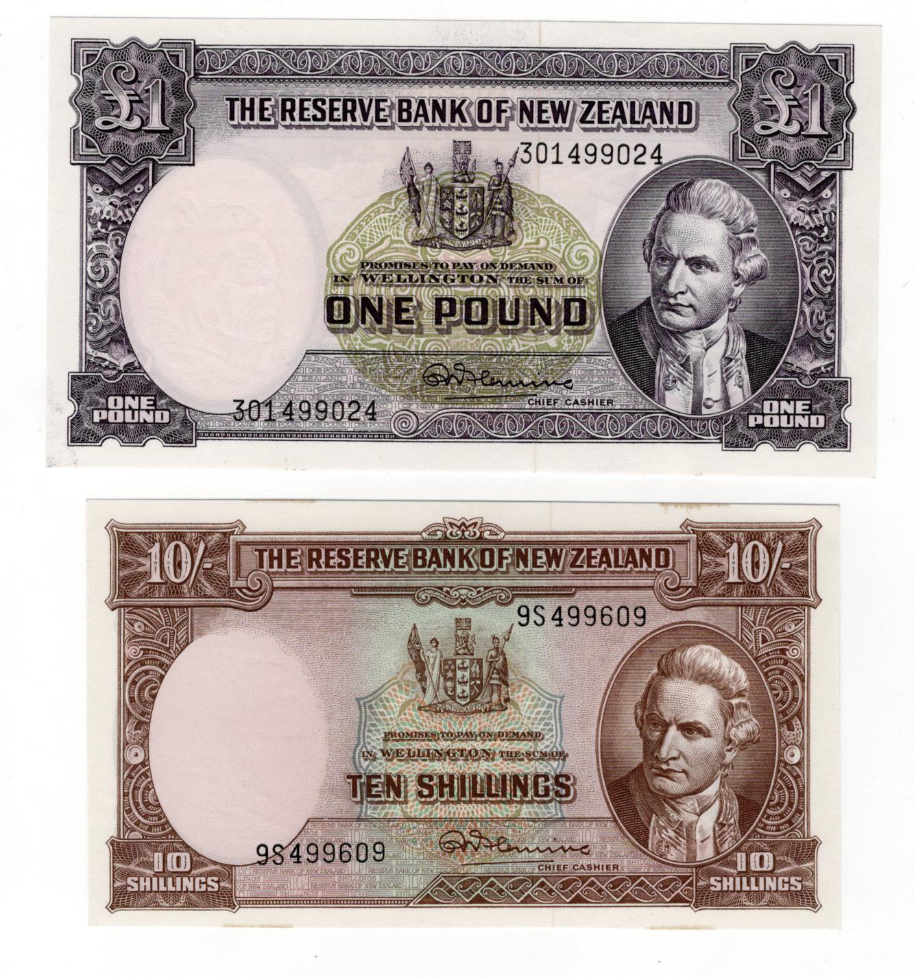 New Zealand (2), 10 Shillings and 1 Pound issued 1960 - 1967, signed R.N. Fleming, with yellow