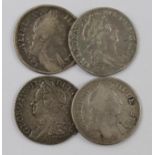 GB Shillings (4) early milled: 1696 1st bust, Fair, 1696y 1st bust, York Mint, S.3502, Fine, 1697