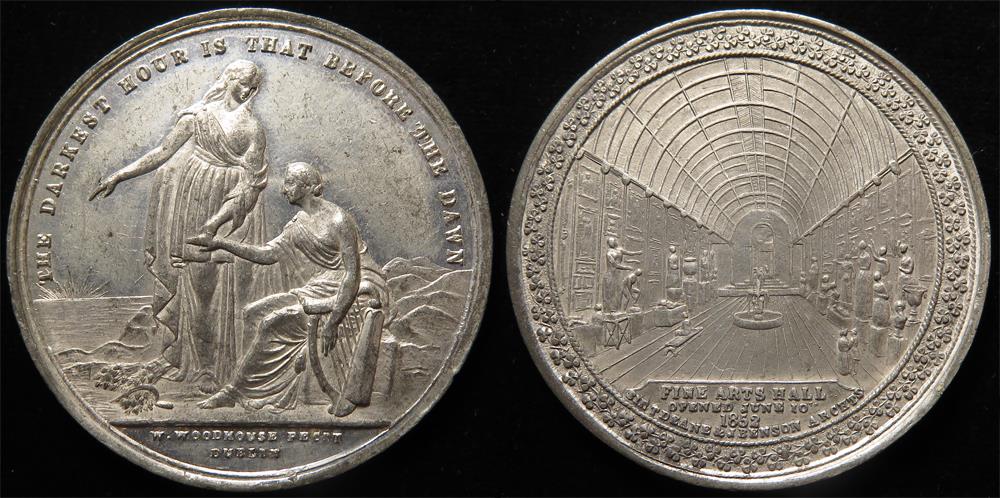 British Commemorative Medallion, white metal d.43mm: Opening of the Fine Arts Hall Dublin 1852 GVF-