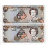 Cayman Islands 25 Dollars (2) dated 1996, a consecutively numbered pair serial B/1 600634 & B/1