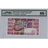 Netherlands 25 Gulden dated 5th April 1989, serial no. 2235273071, (Pick100), PMG graded 66EPQ Gem