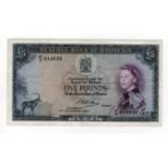 Rhodesia 5 Pounds dated 16th November 1964, portrait Queen Elizabeth II at right, signed N.H.B.
