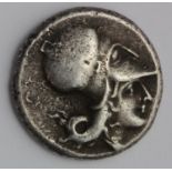 Ancient Greek silver stater of Corinth, obverse:- Pegasos with pointed wing, flying left,