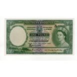 Southern Rhodesia 1 Pound dated 10th September 1955, portrait Queen Elizabeth II at right, serial