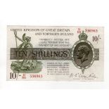 Warren Fisher 10 Shillings issued 1927, serial U/86 336963, Great Britain & Northern Ireland