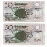 Seychelles Monetary Authority (2), 50 Rupees issued 1979, a consecutively low numbered pair,