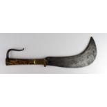 German Billhook with handguard. Heavy curved blade 9.5" inches. Staghorn grip with dot/circles