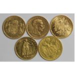 Austria & Hungary Gold Coins (5): 10 Corona 1905 aEF, 10 Corona 1909 EF, restrike Ducat 1915 nEF, 10