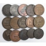 Tokens, 19thC (15) copper, mostly Pennies Fair to VF, a couple holed.