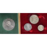 Bhutan base 3-coin set 1966 lightly toned AU in case, and a Tibet Dalai Lama crown-size cupro-nickel