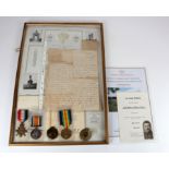 1915 Casualty Trio with large framed memorial scroll with memorial card photo, badges, letters