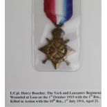 1915 Star to 9648 L.Cpl H Boucher York & Lanc R. Wounded In Action at Loos 1st Oct 1915, later