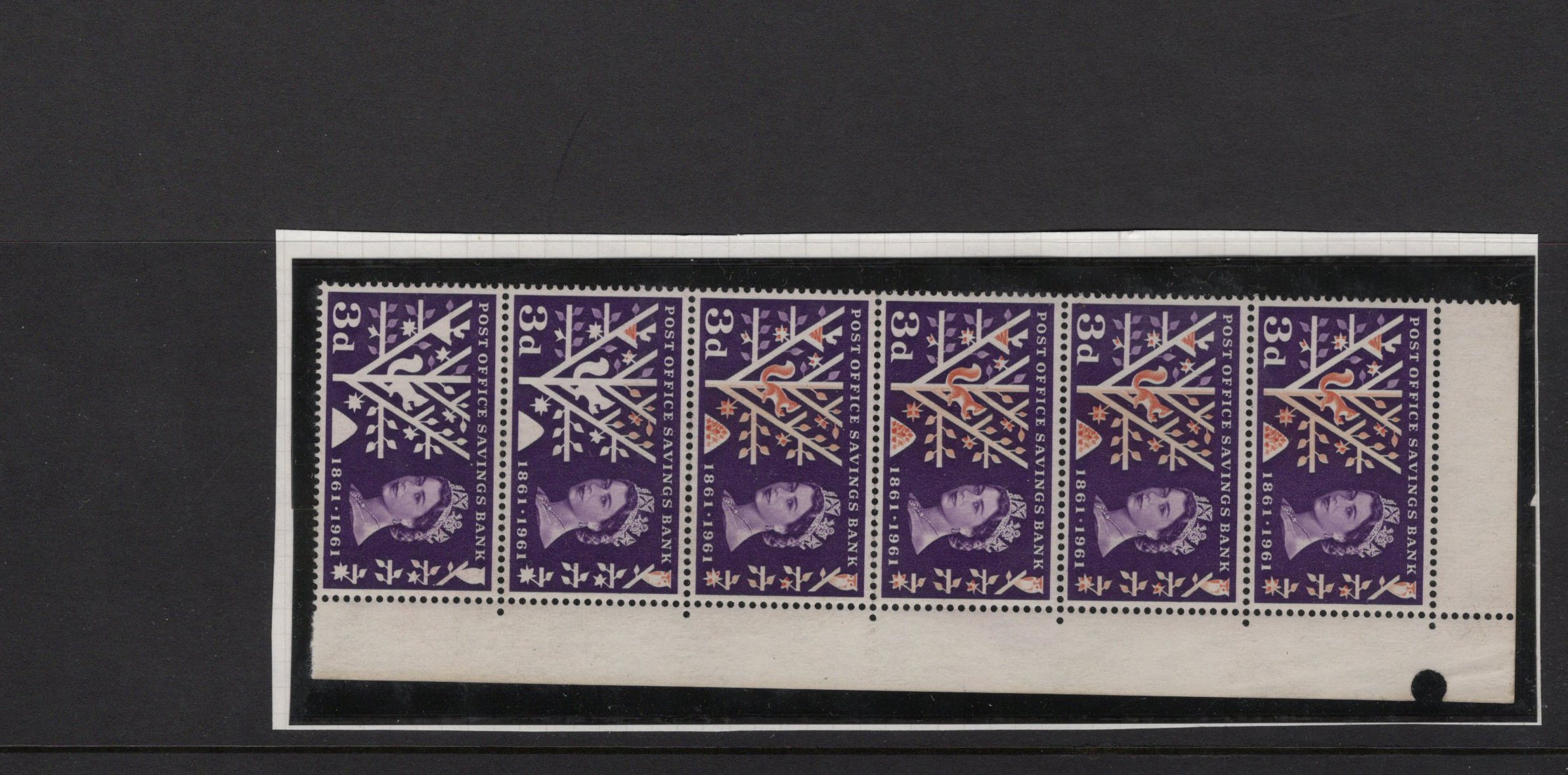 GB - Errors - 1961 POSB 3d SG624A with orange brown fading to last stamps resulting in missing