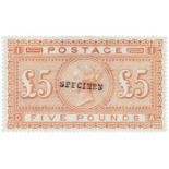 GB - QV £5 orange on blued paper with SPECIMEN opt. SG133s, mm and with vertical crease, cat £3500