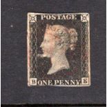 GB 1840 1d Penny Black (B-E) identified as likely Plate 7, 4 margins but close at lower-left, red