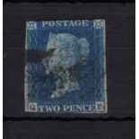 GB - 1840 2d Blue Plate 2 (Q-F) two margins, no thins or creases, fair used, cat £1100