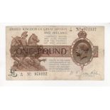 Warren Fisher 1 Pound issued 1919, a rarer first issue control note, serial Z/64 971112, (T24,