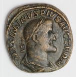 Maximinus I brass sestertius, Rome Mint 235-236 A.D., reverse:- Salus enthroned left, feeding