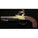 Flintlock Pistol, turn off barrel, brass framed pocket pistol circa 1810. Round barrel 3" with