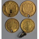 USA (4) Gold Dollars, holed, plugged or mounted: 1851 x2, 18??, and 1856.