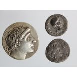 Ancient Greek silver tetradrachm of Antiochos I, VF, with a silver denarius of Julius Caesar, F