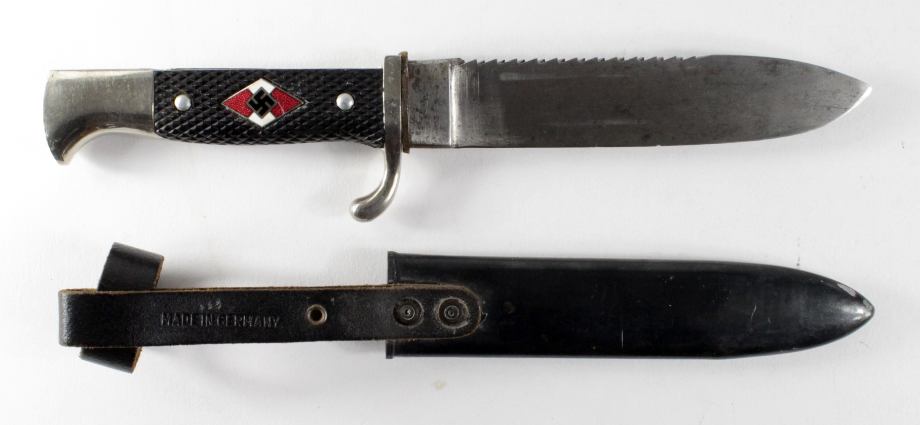 German Hitler Youth knife, Schneiteufel maker marked sawback blade, steel scabbard with belt loop,