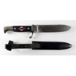 German Hitler Youth knife, Schneiteufel maker marked sawback blade, steel scabbard with belt loop,