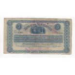 Colombia 5 Pesos dated 1st June 1873, Banco de Santander, serial B21095, overprint dated 6th January